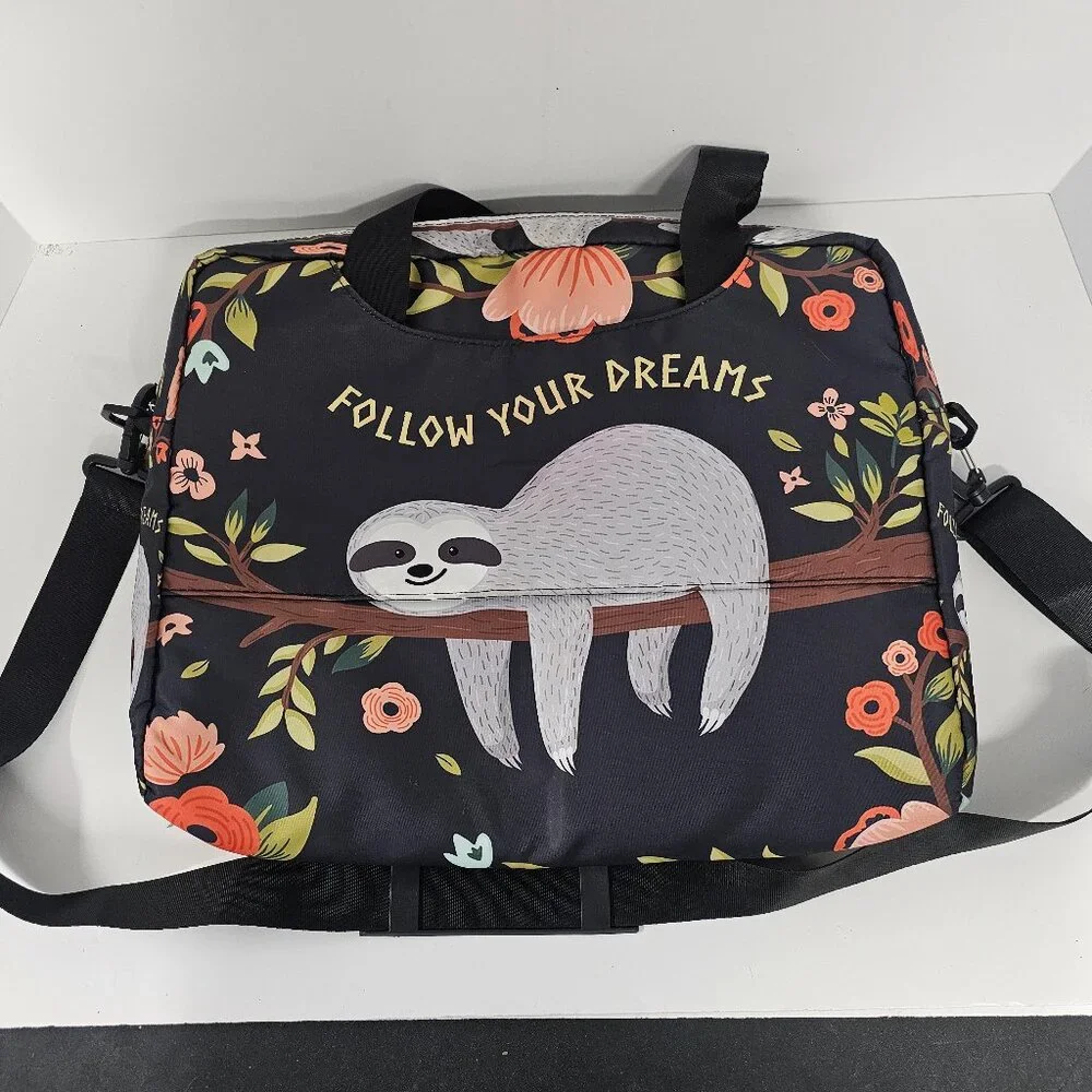 Laptop Crossbody Messenger Bag Sloth Black Boho School Office Floral